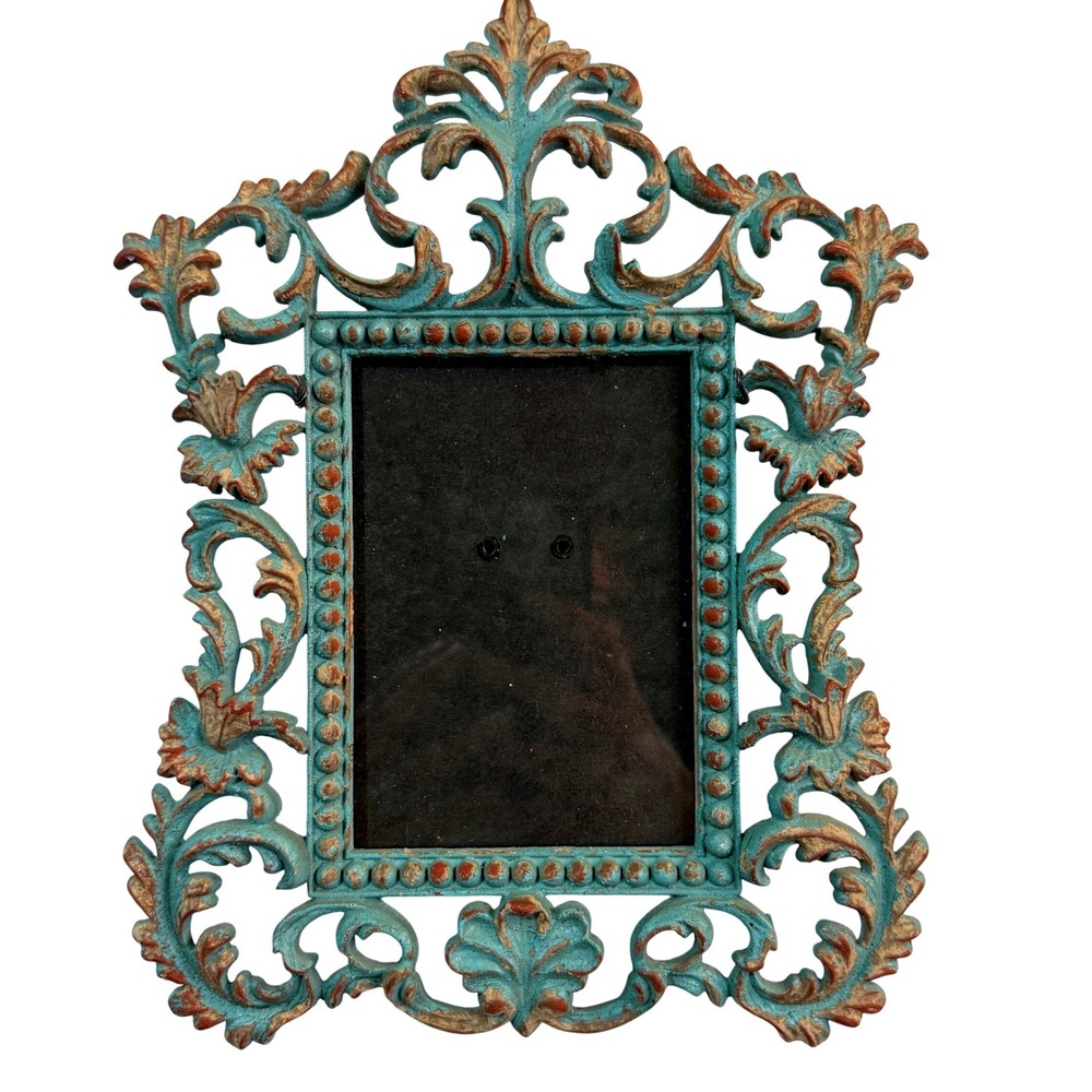 Vintage Ornate Rococo Picture Frame Turquoise Distressed Baroque Shabby Chic
